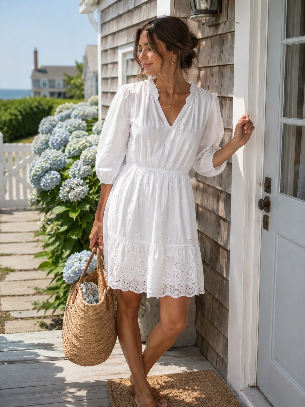 KNOX ROSE Womans White Eyelet V-Neck Tiered Mini Dress NWT - Picture 1 of 8